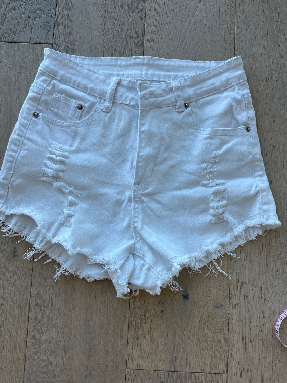 SHEIN White Distressed High-Rise Denim Shorts